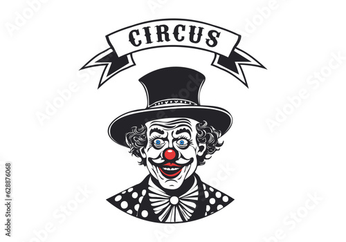Vector graphic smiling clown in a hat. Ribbon with the inscription circus. Logo, sticker or emblem. White isolated background.