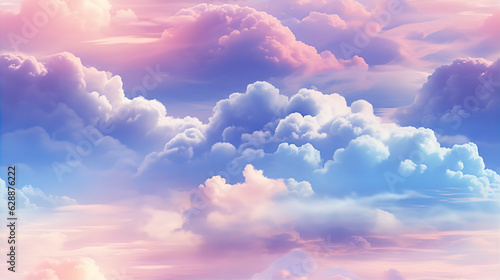 Fluffy volumetric day clouds against a blue pink sky background. 