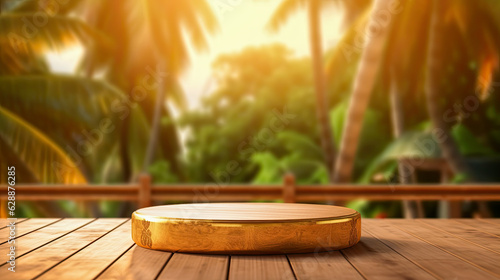Empty round wooden podium on wooden table opposite tropical spa resort background with palm trees. Scene stage showcase for beauty and spa products, cosmetics, promotion sale or advertising © KRISTINA KUPTSEVICH