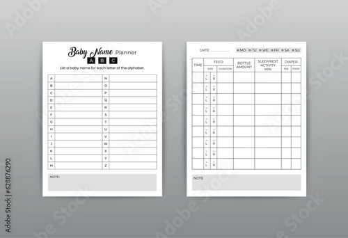 Baby Care Planner And Baby Name Logbook Interior Vector Template For KDP
