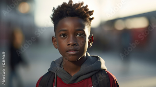 Young African American Boy Portrait Outside of School With Backpack. Serious Look. Concept of Child, School, Class, and Learning.