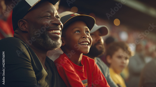 African American Grandfather and Grandson at Baseball Game. Smiling and Laughing. Enjoying the Match. Together in the Stands. Concept of Game, Sports, Spectating, and Bonding.