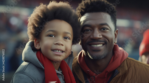 African American Father and Son at Football Game Stadium. Smiling Portrait. Concept of Game, Sports, Spectating, and Bonding. © Lila Patel