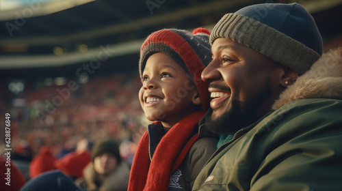 African American Father and Son at Winter Football Game in the Stands. Smiling Enjoying the Match. Football Field. Concept of Game, Cold, Sports, Spectating, and Bonding. photo