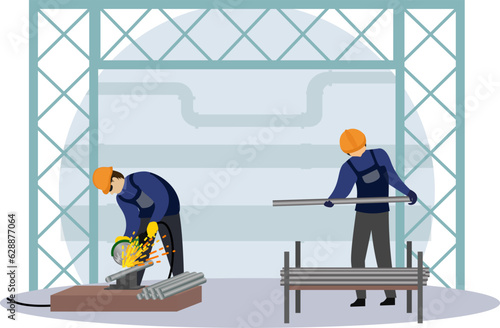 steel worker use metal grinder machine to cut a steel, workers in the construction, metal and steel factory, iron and steel industry concept