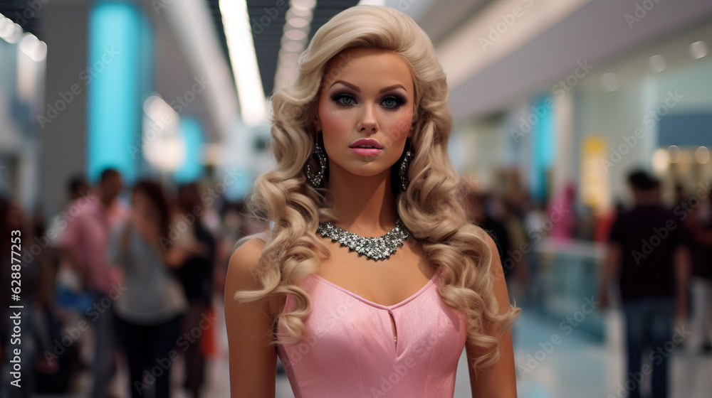 Beautiful Woman Dressed as Toy Doll at Convention Center. Blonde Woman in Pink Dress. Make Up. Cosplayer. Concept of Cosplay, Costume, Toy.