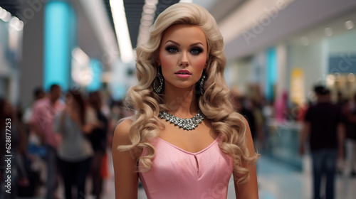 Beautiful Woman Dressed as Toy Doll at Convention Center. Blonde Woman in Pink Dress. Make Up. Cosplayer. Concept of Cosplay, Costume, Toy. © Lila Patel