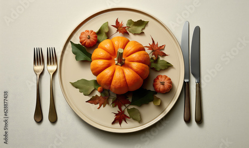 Top view of round plate with fall pumpkins, copy space for text. Creative fall menu banner, halloween party catering.