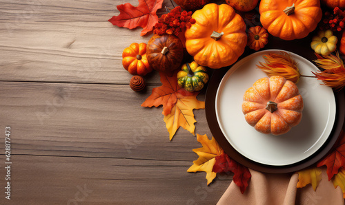Top view of round plate with fall pumpkins, copy space for text. Creative fall menu banner, halloween party catering.