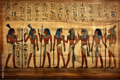 Egyptian papyrus with illustrations of people from ancient Egypt. Generative AI