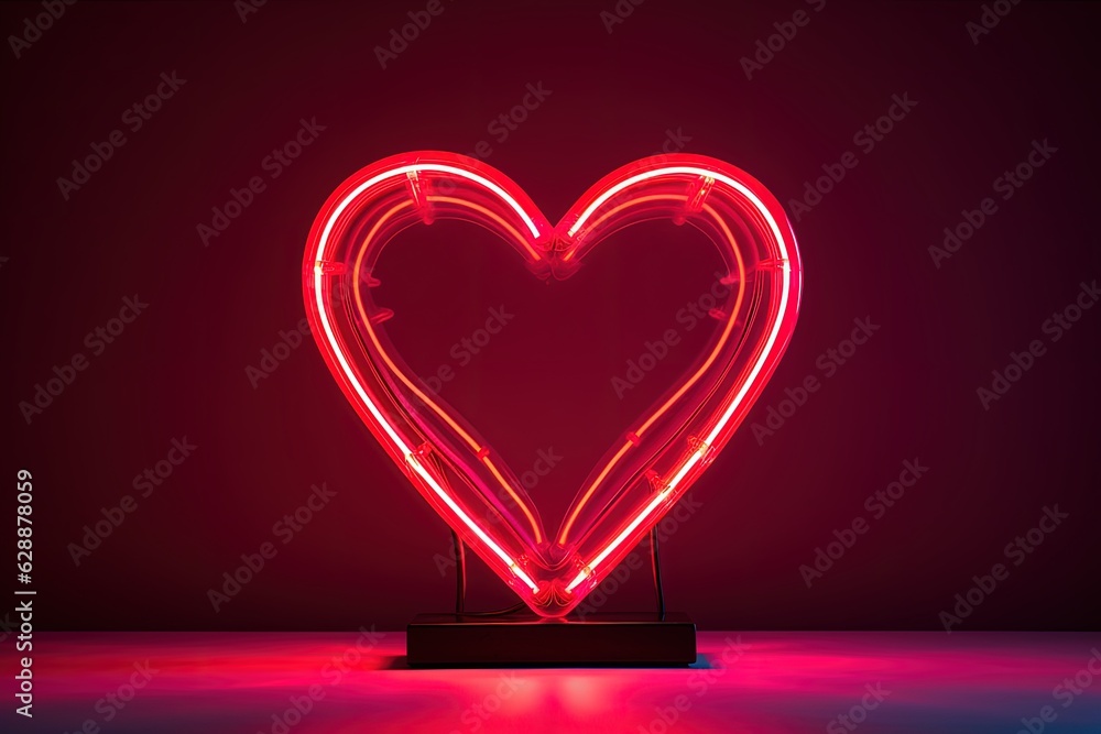 Red heart from neon light, love and valentine concept. Generative AI