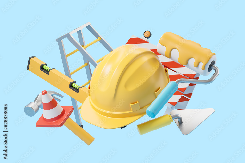 Construction tools set floating on blue background, barrier and helmet