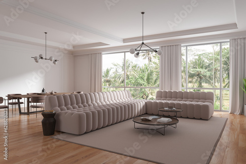 White living room interior with dining table and couch  panoramic window