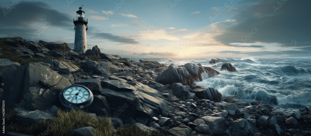 Island landscape with compass and lighthouse in background, location ...