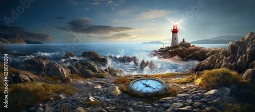 Island landscape with compass and lighthouse in background, location concept. Generative AI