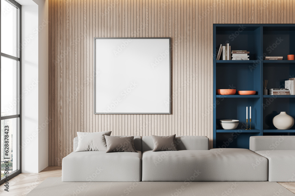 Fototapeta premium Modern relax room interior couch and shelf with decoration, mockup frame