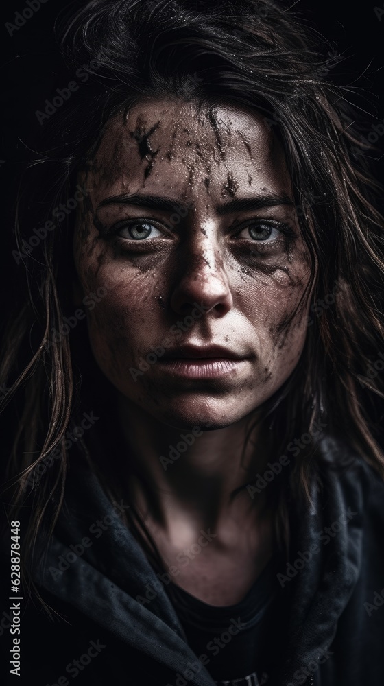 A portrait of a beautiful war victim/homeless woman standing under the rain