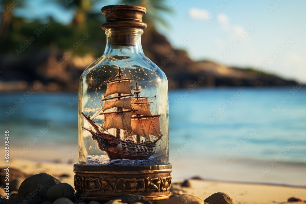 Pirate ship inside a glass bottle, lost island in the background. Generative AI Pirate ship inside a glass bottle, lost island in the background. Generative AI