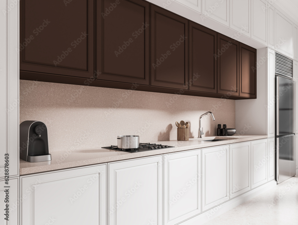 Elegant home kitchen interior with sink and kitchenware on concrete deck Elegant home kitchen interior with sink and kitchenware on concrete deck