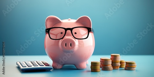 Pink piggy bank with eyeglasses and calculator, concept of savings and investments. Generative AI photo