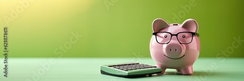 Pink piggy bank with eyeglasses and calculator, concept of savings and investments. Generative AI