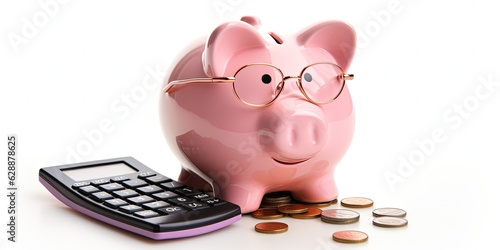 Pink piggy bank with eyeglasses and calculator, concept of savings and investments. Generative AI