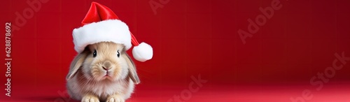 Rabbit with Santa Claus hat, red background, space for text, Christmas holiday. Generative AI