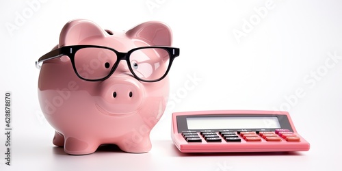 Pink piggy bank with eyeglasses and calculator, concept of savings and investments. Generative AI
