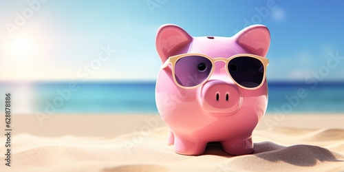 Pink piggy bank on the beach, concept of savings and investments. Generative AI © Deivison