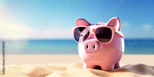 Pink piggy bank on the beach, concept of savings and investments. Generative AI © Deivison