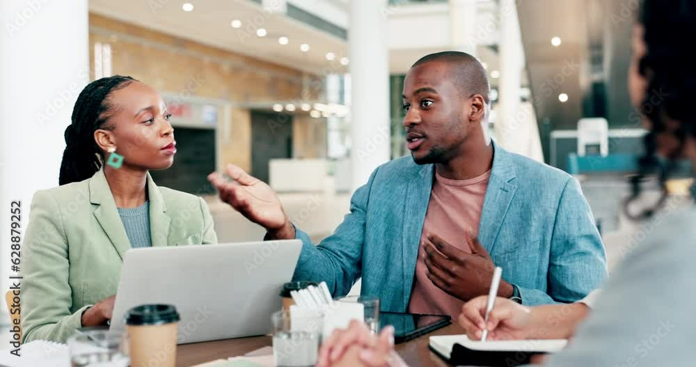 Communication meeting, talking and business people in a discussion, planning or a corporate partnership. Work, team and a black man speaking to employees about a strategy, project or presentation Communication meeting, talking and business people in a discussion, planning or a corporate partnership. Work, team and a black man speaking to employees about a strategy, project or presentation