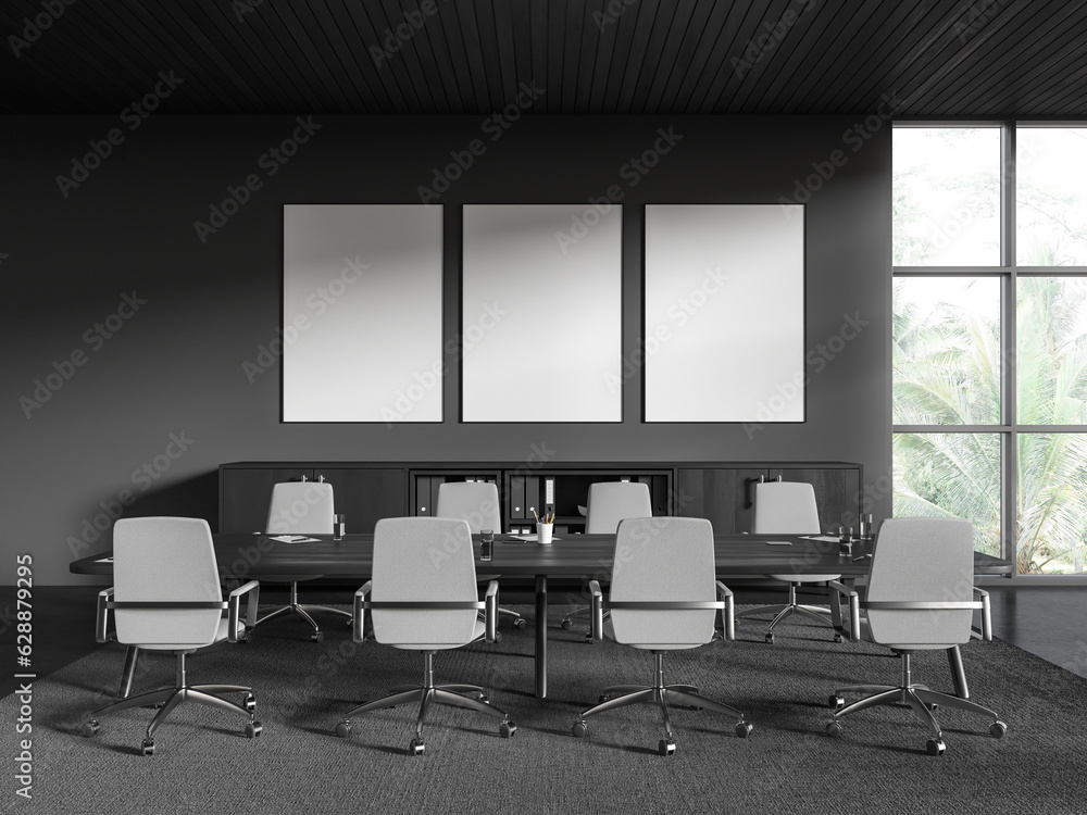Grey office meeting room interior with table and drawer, window. Mockup frames Grey office meeting room interior with table and drawer, window. Mockup frames