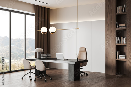 Stylish office interior with chairs and table  shelf and panoramic window