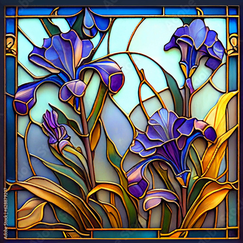 Irises in Art Nouveau style. Imitation of an old stained glass window. Generative AI.