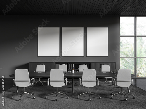 Grey office meeting room interior with table and drawer, window. Mockup frames