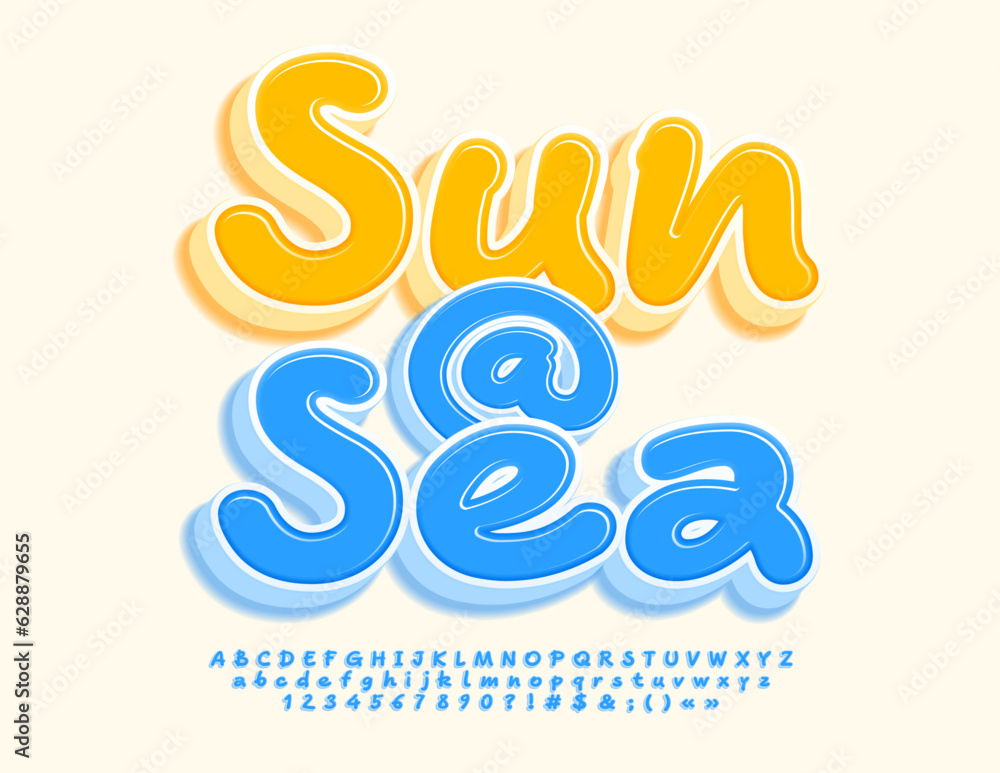 Obraz premium Vector travel Poster Sun and Sea. Playful Blue Font. Handwritten 3D Alphabet Letters, Numbers and Symbols set