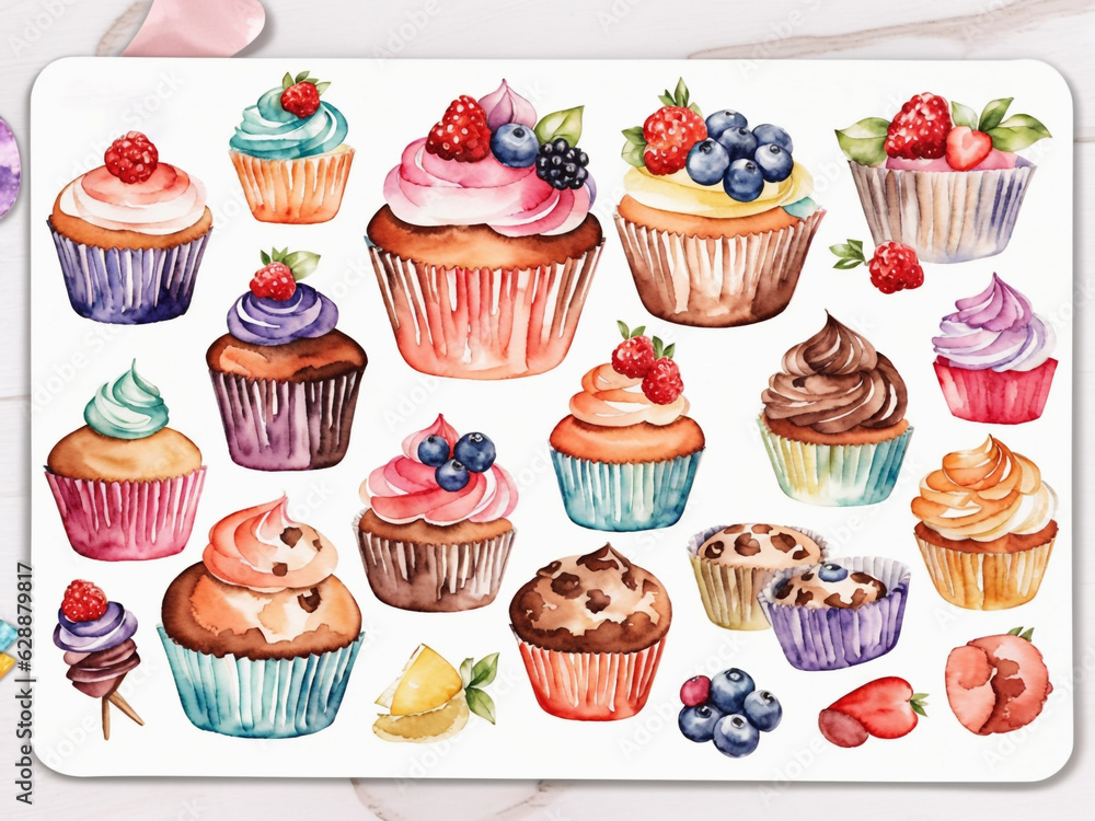 sticker sheet French pastries, muffins, macarons, Watercolor Clipart, white background, no background, isolated on white, variations, sticker sheet, planner stickers