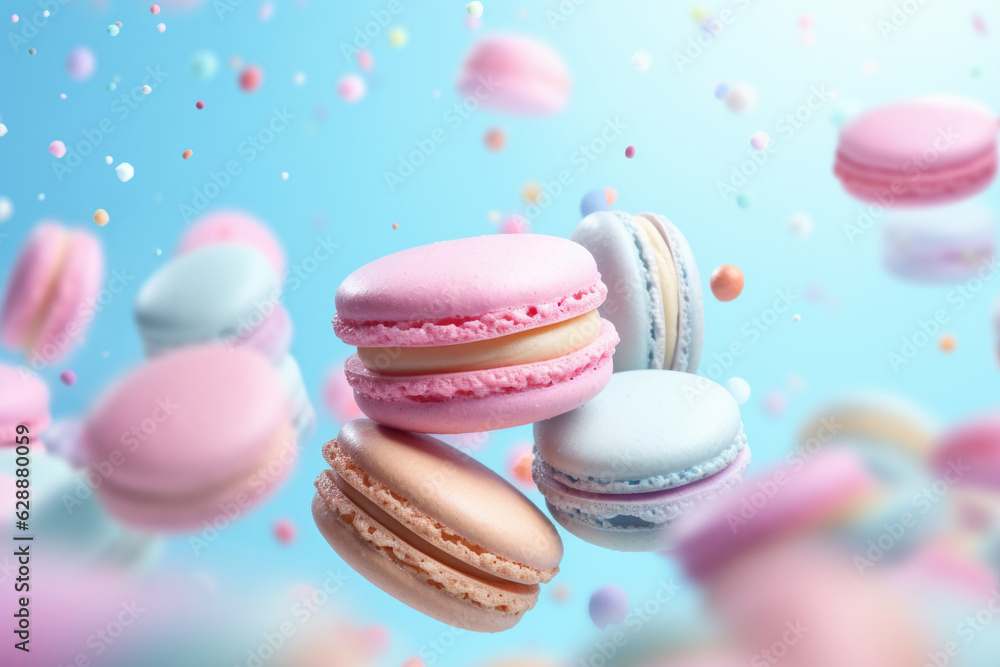 Obraz premium Colorful french macarons and flowers on pastel background, traditional french dessert Generative AI