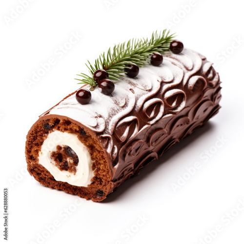 Yule log cake isolated on white background 