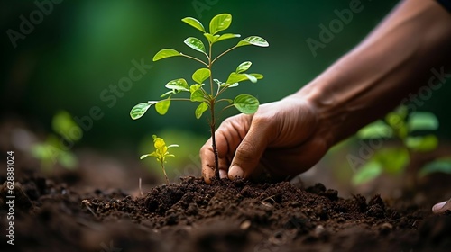 Artistic capture shows hand planting a small tree sapling