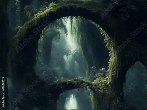 Natural landscape Tree tunnel in a mysterious dense forest Created with Generative AI technology.