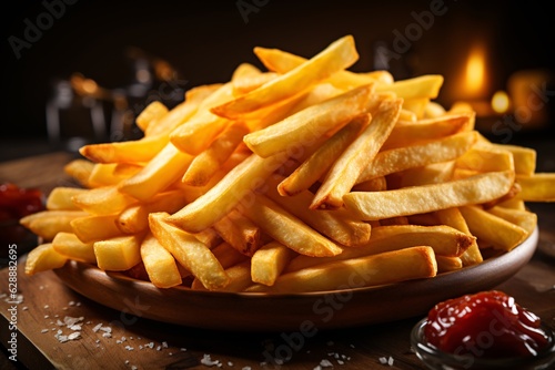 French fries as background. Golden fried potato sticks. Potato fries on dark background.