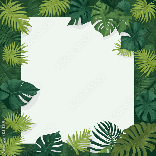 Hoja de papel en blanco rodeada de hojas tropicales