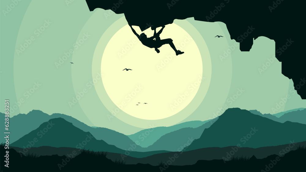 climber on a cliff with mountain. Rock climber. Extreme rock climber background. Mountain climber wallpaper for desktop. Silhouette of a rock climber.