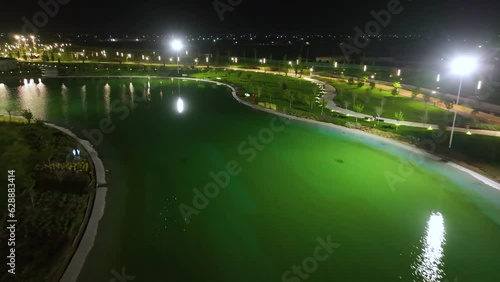 Fountain in the Yangi Ozbekiston (New Uzbekistan) park in Tashkent at night photo