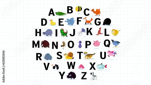 Education letters animals ZOO cartoon alphabet cartoon animation. Animal loop. Educational serie with bold style character for children. Good for education movies, presentation, learning alphabet, etc