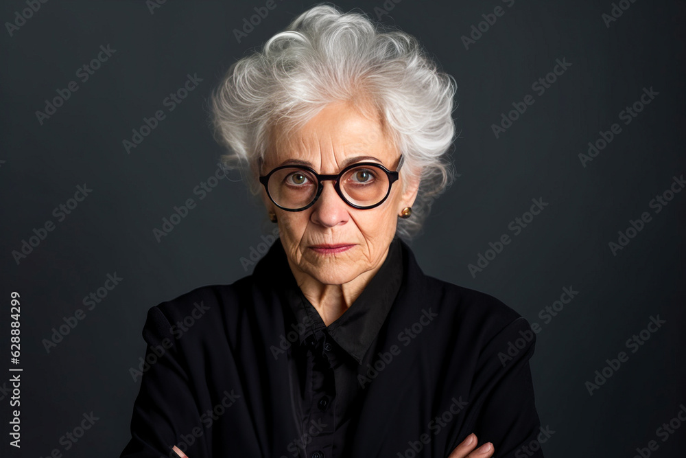 Captivating scene of ambitious senior woman in black business suit, exuding authority and stern outlook with slightly hostile expression. Generative AI Captivating scene of ambitious senior woman in black business suit, exuding authority and stern outlook with slightly hostile expression. Generative AI