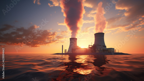 A serene sunset view of the nuclear plant, symbolizing safety and efficiency Generative AI