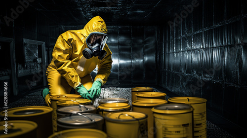 A worker handling hazardous materials inside a sealed containment chamber Generative AI photo