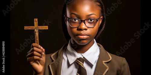 Compelling portrayal of African teenage scholar in uniform, gripping a Christian cross with steadfast faith; her eyeglasses capturing earnest spirituality. Generative AI photo